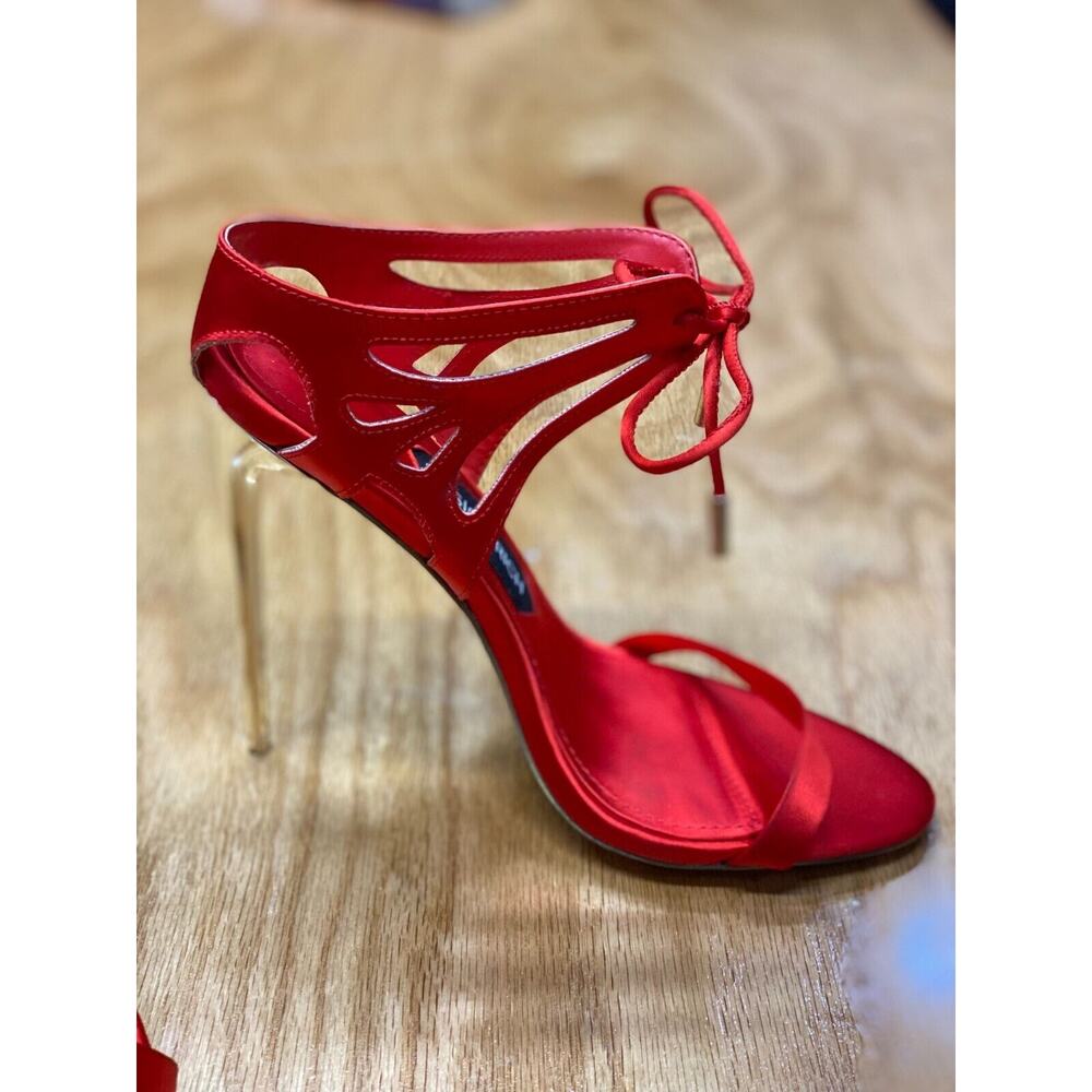 Jessica Rich Women's Red Leather Sole Tie Satin Stiletto Heel Sandal Size 38 S2